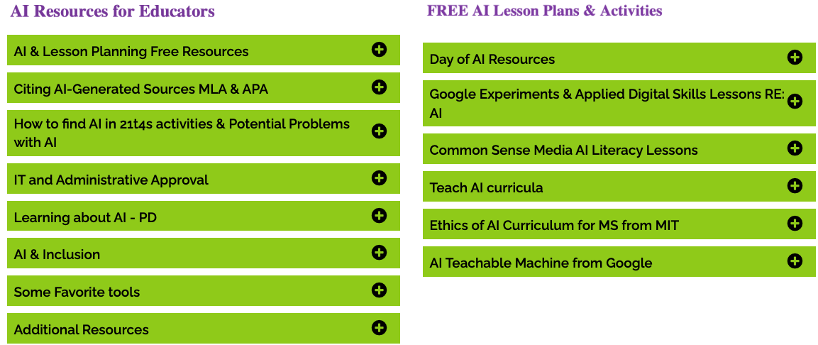 Screenshot of a list of AI & 21Things Resources for Educators