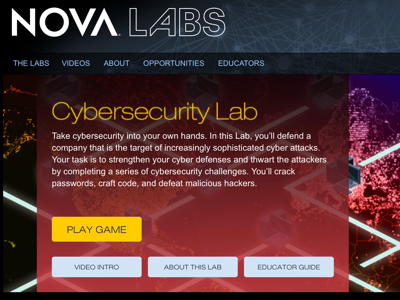 Screenshot of the Nova Labs Cybersafety Lab and game link and information