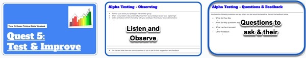 Screenshot of the Design Thinking Digital Workbook for Quest 5 slides for Alpha Testing: Listen and Observe, and Questions & Feedback