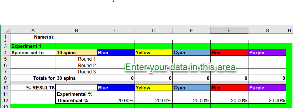 Screenshot of the spreadsheet ready to enter the spin data into.