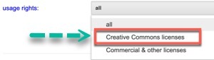 Screenshot of Advanced Google image search box showing choices for usage rights: all, Creative Commons licenses, or Commercial & other licenses. Select Creative Commons.